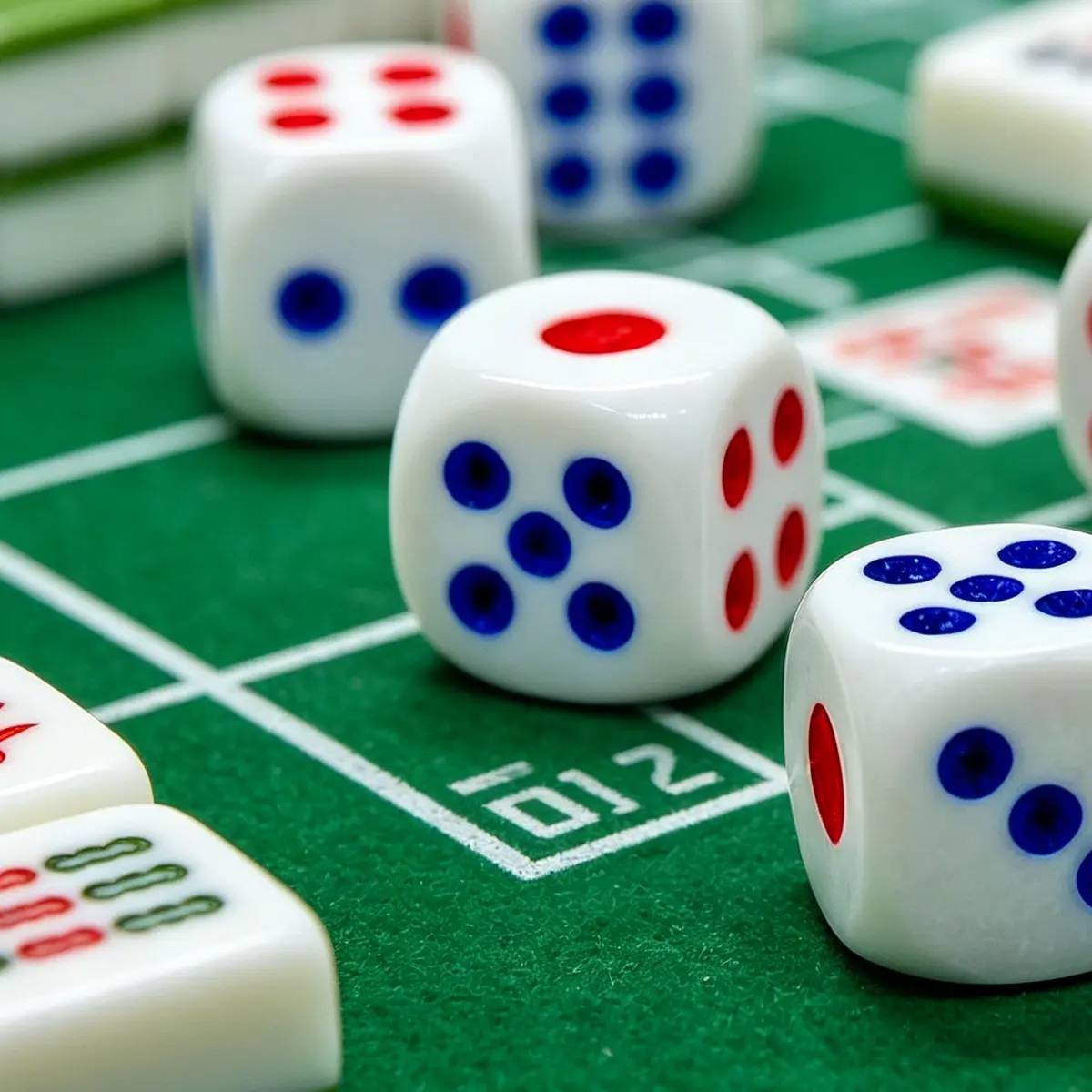 White Mahjong Dice with Red and Blue Pips